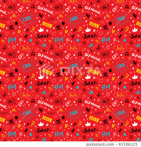 Doodle Seamless Pattern, hand drawn pop art signs and symbols background, Vector Illustration. Doodle Seamless Pattern, hand drawn pop art signs and symbols background, Vector Illustration. 65586125