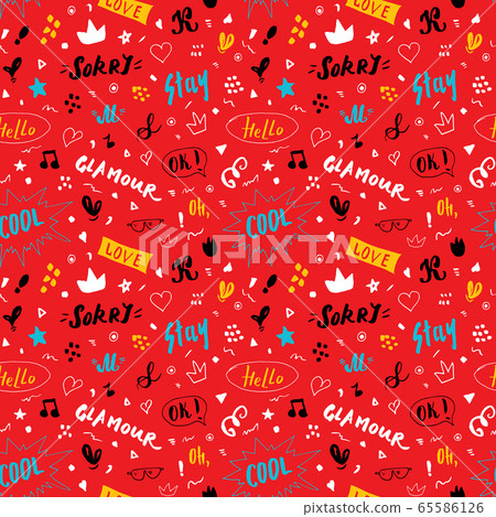 Doodle Seamless Pattern, hand drawn pop art signs and symbols background, Vector Illustration. Doodle Seamless Pattern, hand drawn pop art signs and symbols background, Vector Illustration. 65586126