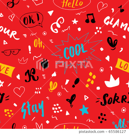 Doodle Seamless Pattern, hand drawn pop art signs and symbols background, Vector Illustration. Doodle Seamless Pattern, hand drawn pop art signs and symbols background, Vector Illustration. 65586127