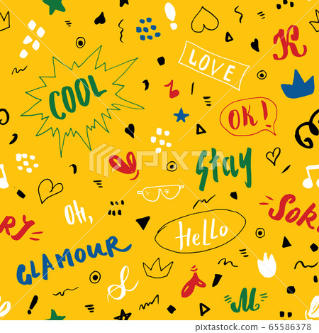 Doodle Seamless Pattern, hand drawn pop art signs and symbols background, Vector Illustration. 65586378
