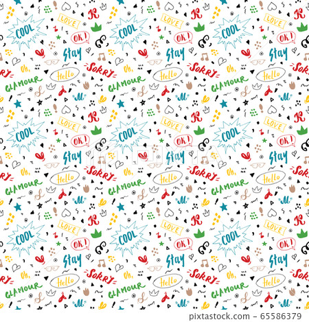 Doodle Seamless Pattern, hand drawn pop art signs and symbols background, Vector Illustration. 65586379