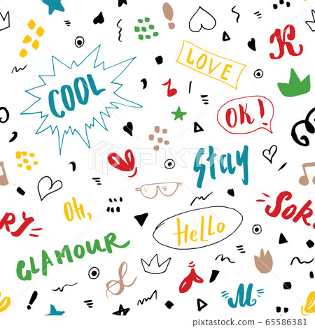 Doodle Seamless Pattern, hand drawn pop art signs and symbols background, Vector Illustration. 65586381