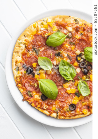 Tasty salami pizza. Tasty salami pizza. 65587561