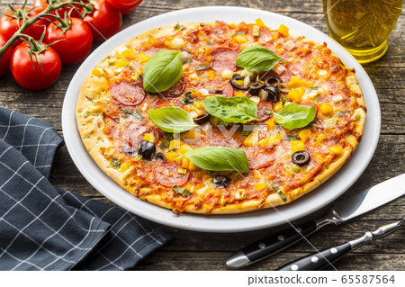Tasty salami pizza. Tasty salami pizza. 65587564