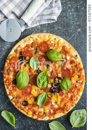 Tasty salami pizza. Tasty salami pizza. 65587565