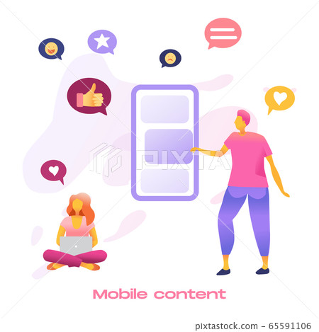 Business people creative team creating mobile content on huge smartphone. 65591106