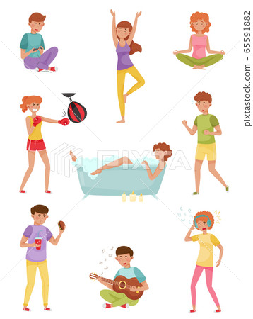People Characters Reducing Stress by Different Activities like Playing Guitar and Listening to Music Vector Illustrations Set 65591882