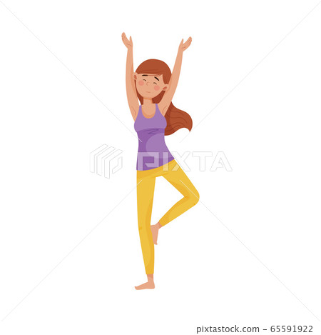 Young Woman Standing in Yoga Pose to Reduce Stress Vector Illustration 65591922