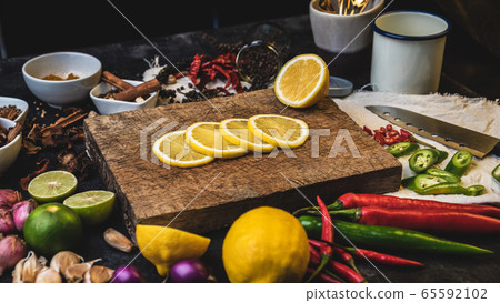 Healthy food herbs Spices for use as cooking ingredients with Fresh organic vegetables 65592102