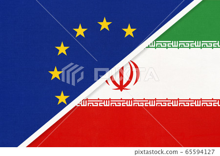 European Union or EU and Iran national flag from textile 65594127