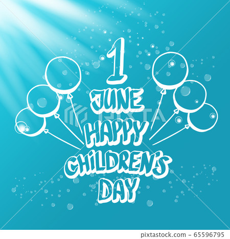 1 june international childrens day icon or label isolated on azure blue sky background with lights and bubbles. happy Children day greeting card. kids day poster. Children day shiny banner 65596795