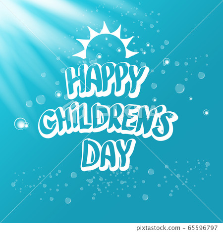 1 june international childrens day icon or label isolated on azure blue sky background with lights and bubbles. happy Children day greeting card. kids day poster. Children day shiny banner 65596797