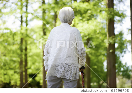 散步，與藤莖圖像的後面看法的高級婦女 65596798