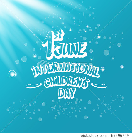 1 june international childrens day icon or label isolated on azure blue sky background with lights and bubbles. happy Children day greeting card. kids day poster. Children day shiny banner 65596799