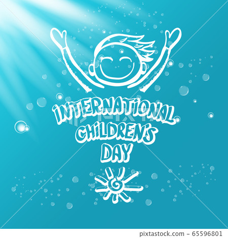 1 june international childrens day icon or label isolated on azure blue sky background with lights and bubbles. happy Children day greeting card. kids day poster. Children day shiny banner 65596801