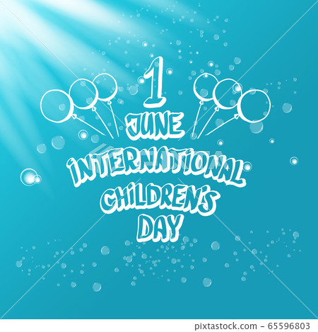 1 june international childrens day icon or label isolated on azure blue sky background with lights and bubbles. happy Children day greeting card. kids day poster. Children day shiny banner 65596803