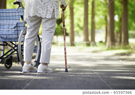 Senior woman taking a walk, back view with a cane image Senior woman taking a walk, back view with a cane image 65597366