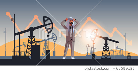 arabic businessman frustrated about downward chart arrow falling price decrease of petroleum costs crisis concept pump jack industrial equipment drilling rig horizontal full length arabic businessman frustrated about downward chart arrow falling price decrease of petroleum costs crisis concept pump jack industrial equipment drilling rig horizontal full length 65599185