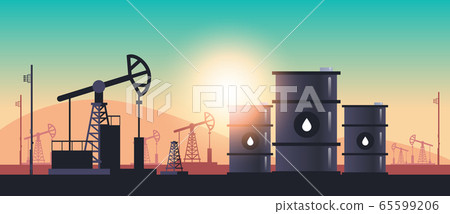 pumpjack oil barrels petroleum production trade oil industry concept pumps industrial equipment drilling rig sunset background horizontal pumpjack oil barrels petroleum production trade oil industry concept pumps industrial equipment drilling rig sunset background horizontal 65599206