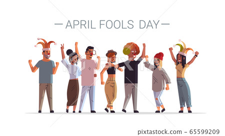 first april fool day mix race people wearing funny jester hats glasses mustache and clown hat holiday celebration concept men women group standing together horizontal poster full length first april fool day mix race people wearing funny jester hats glasses mustache and clown hat holiday celebration concept men women group standing together horizontal poster full length 65599209