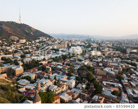 Aerial beautiful panoramic view of Tbilisi old center, Georgia Aerial beautiful panoramic view of Tbilisi old center, Georgia 65599410