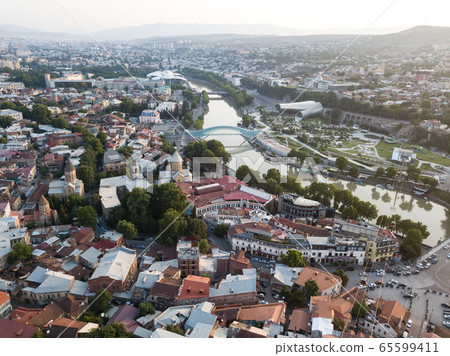 Aerial beautiful panoramic view of Tbilisi old center, Georgia Aerial beautiful panoramic view of Tbilisi old center, Georgia 65599411