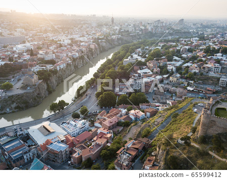 Aerial beautiful panoramic view of Tbilisi old center, Georgia Aerial beautiful panoramic view of Tbilisi old center, Georgia 65599412