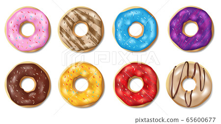Set of Colorful glazed donuts isolated on white. Sweet glossy bakery donuts with pink and chocolate glaze. Realistic round doughnut vector illustration. Set of Colorful glazed donuts isolated on white. Sweet glossy bakery donuts with pink and chocolate glaze. Realistic round doughnut vector illustration. 65600677
