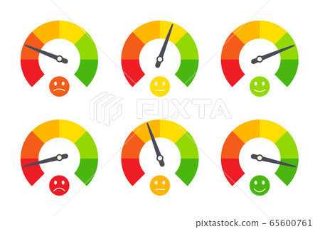 Set of business indicators, emotional emoticons, indicating quality, level, rating. Ratings of different levels like poor, bad, normal, good, excellent, great. Vector isolated flat graphic. Set of business indicators, emotional emoticons, indicating quality, level, rating. Ratings of different levels like poor, bad, normal, good, excellent, great. Vector isolated flat graphic. 65600761