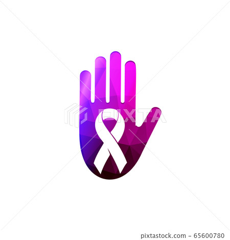 Human palm with ribbon against home abuse logo. Domestic violence logotype. Purple hand abused hitting support vector illustration. Isolated aggression protection, self-defense icon. 65600780