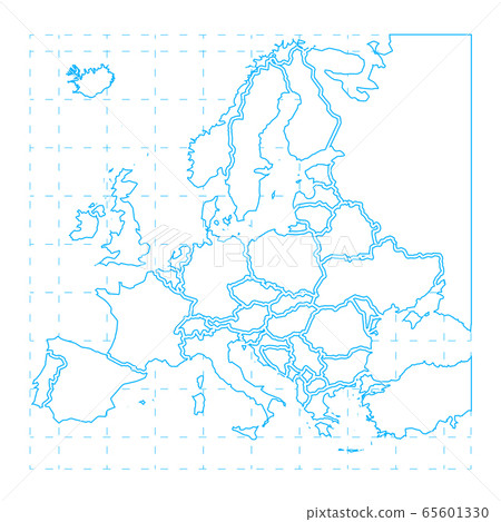 Blue contour of detailed europe map on white Blue contour of detailed europe map on white 65601330
