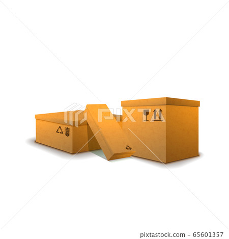 Three cardboard parcels with cargo signs on white Three cardboard parcels with cargo signs on white 65601357