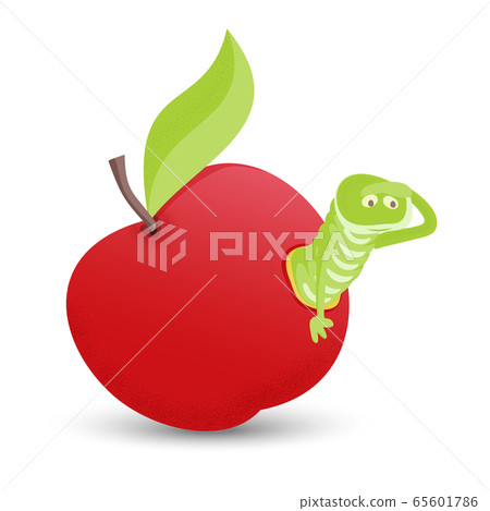 Red apple with green leaves and cartoon worm, 65601786