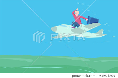 Young man with suitcase sit on top of plane. 65601805