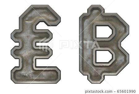 Set of symbols lira and baht made of industrial metal on white background 3d 65601990