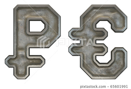 Set of symbols rouble and euro made of industrial metal on white background 3d 65601991
