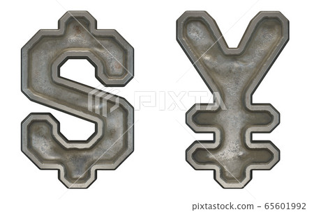 Set of symbols dollar and yen made of industrial metal on white background 3d 65601992
