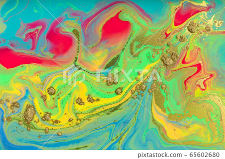 Beautiful vivid pattern with golden particles. Fluorescent bright background. 65602680