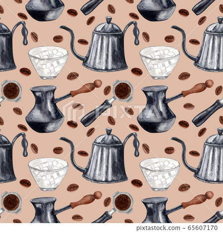 Watercolor coffee seamless pattern. Hand drawn vintage coffee elements and hot beverage on beige background. Breakfast backdrop Watercolor coffee seamless pattern. Hand drawn vintage coffee elements and hot beverage on beige background. Breakfast backdrop 65607170