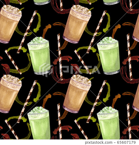 Watercolor coffee seamless pattern. Hand drawn hot drinks, matcha latte, coffee splash on black background. Breakfast backdrop 65607179
