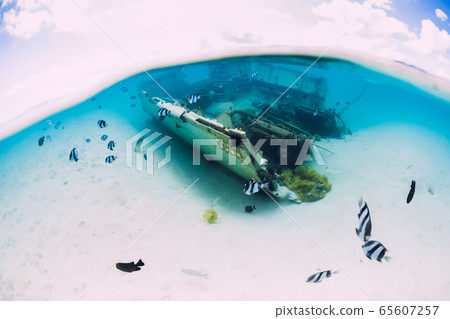 Ocean with wreck of boat on sandy bottom and tropical fish underwater in Mauritius 65607257
