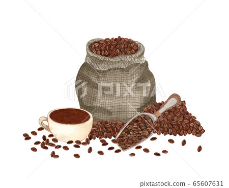 Watercolor illustration of coffee beans in a bag, a cup of espresso. Hand drawn composition. Breakfast. Perfect for cards, logo, menu, design. 65607631