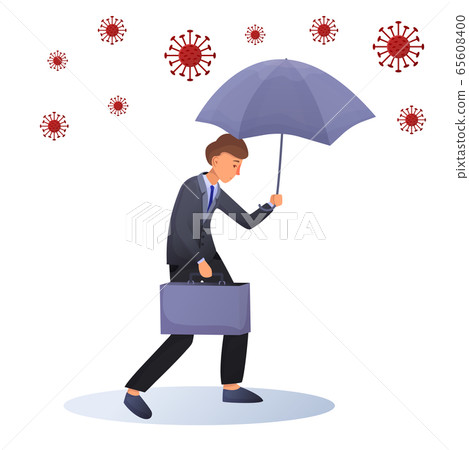 Bussinessman with suitcase under umbrella around viruses. Bussinessman with suitcase under umbrella around viruses. 65608400