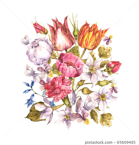 Vintage watercolor greeting card with spring, Vintage watercolor greeting card with spring, 65609485