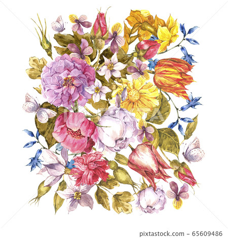 Vintage watercolor greeting card with spring, - Stock Illustration ...