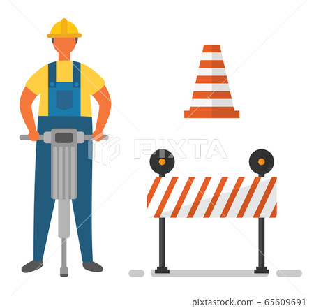 Construction Equipment, Drill and Barrier Vector Construction Equipment, Drill and Barrier Vector 65609691