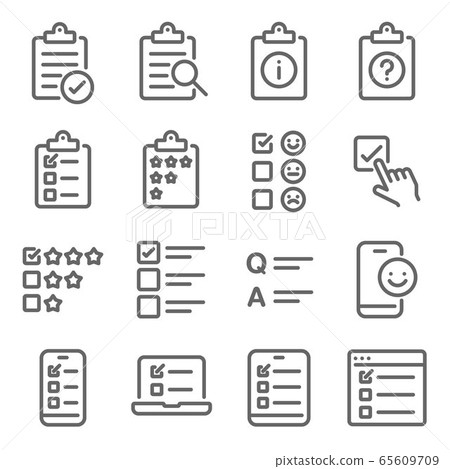 Survey Quiz Research icon set vector illustration. Contains such icon as Rating, Q and A, Questionnaire, Testimonial, Vote, Checklist, and more. Expanded Stroke 65609709