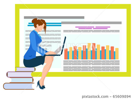 Woman Working on Laptop Infocharts on Board Vector Woman Working on Laptop Infocharts on Board Vector 65609894