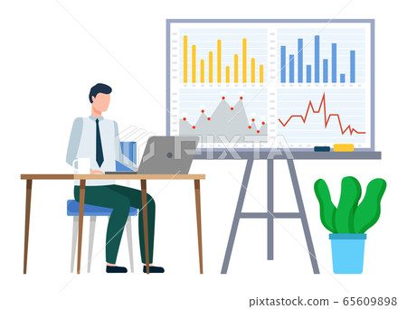 Man Work on Laptop, Business Statistics on Board Man Work on Laptop, Business Statistics on Board 65609898