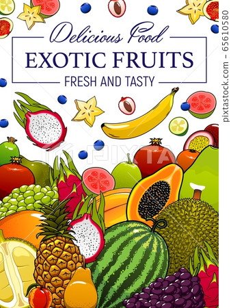 Exotic tropical fruits cartoon vector poster 65610580